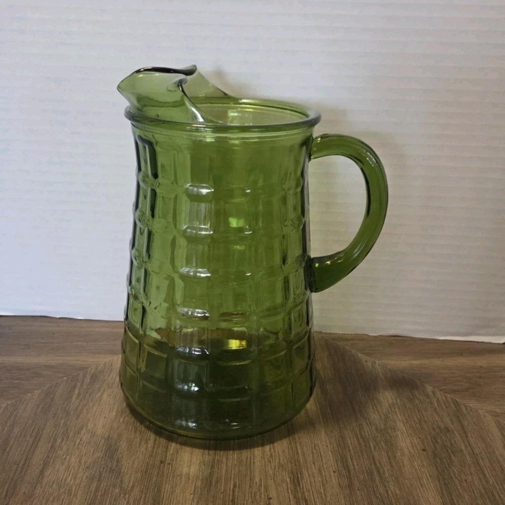 Avocado Green Glass Pitcher - Indiana Glass Whitehall Cubist Pattern